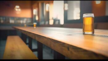 Wooden bar counter with frothy beer glass and illuminated bottle generated by AI photo