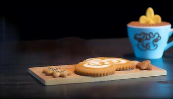 Homemade shortbread cookie with chocolate decoration on rustic wooden plate generated by AI photo