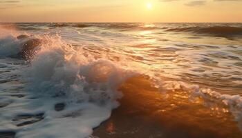 puesta de sol terminado tranquilo marina, olas rotura en amarillo arena generado por ai foto