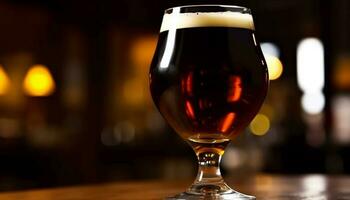espumoso cerveza vaso en bar mostrador en oscuro pub noche generado por ai foto