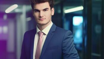 Confident young businessman in blue suit smiling for portrait indoors generated by AI photo