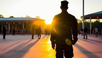 Silhouettes of armed forces walking at dusk in city streets generated by AI photo