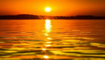 naranja horizonte brilla, tranquilo agua ondas en verano calor generado por ai foto
