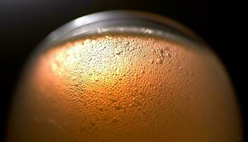 dorado cerveza vaso con burbujas y condensación en negro antecedentes generado por ai foto