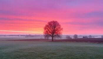 Nature beauty in sunset tree, meadow, grass, sky, horizon generated by AI photo