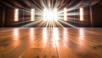 brillante destacar ilumina moderno de madera piso en futurista Departamento fondo generado por ai foto