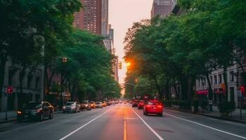 Illuminated skyscrapers blur in rush hour traffic, city nightlife awakens generated by AI photo