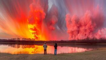 romántico Pareja disfruta tranquilo puesta de sol en otoño vacaciones por agua generado por ai foto