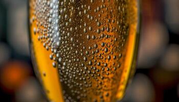 Foamy beer pours into glass, reflecting golden car lights generated by AI photo