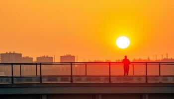 Silhouette of one person standing, jogging at dusk in city generated by AI photo