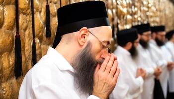 One person praying, focusing on foreground, in traditional clothing generated by AI photo