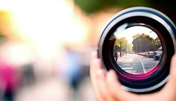 uno persona conducción al aire libre, fotografiando naturaleza con cámara equipo generado por ai foto