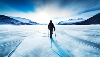 hombres y mujer caminata Nevado montaña para invierno aventuras exploración generado por ai foto