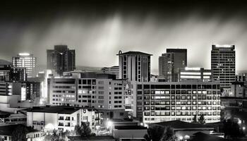 Modern city skyline illuminated by street lights at dusk generated by AI photo