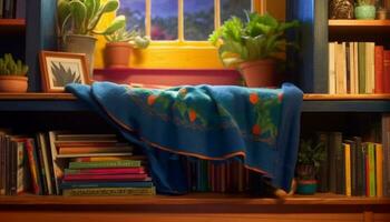 Comfortable old fashioned living room with multi colored book collection on shelf generated by AI photo