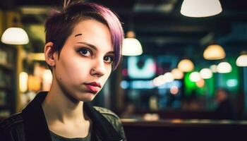 Beautiful young woman smiling, sitting at coffee shop, enjoying nightlife generated by AI photo