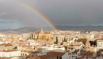 multi de colores puesta de sol pinturas majestuoso ciudad horizonte con religioso arquitectura generado por ai foto