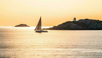 Sailing yacht glides on tranquil waves, backlit by sunset generated by AI photo
