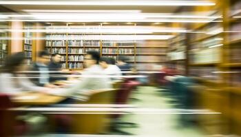 ocupado moderno librería con borroso movimiento de caminando clientes y estudiantes generado por ai foto