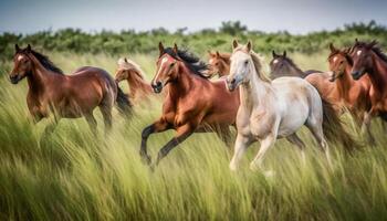 Running thoroughbred stallion grazes in green meadow of rural farm generated by AI photo