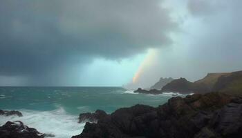 Beauty in nature waves crash on rocky coastline at dusk generated by AI photo