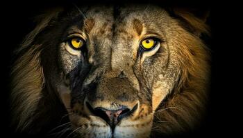 majestuoso león curioso con vigilancia, fuerza en sus grande melena generado por ai foto