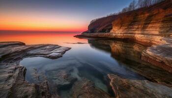 Tranquil seascape at dusk, reflecting the majestic cliff natural beauty generated by AI photo