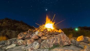 Glowing bonfire igniting yellow flames on old cliff at dusk generated by AI photo