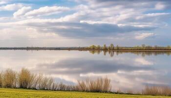 Tranquil meadow reflects multi colored trees in peaceful rural scene generated by AI photo