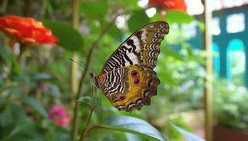 majestuoso mariposa encaramado en soltero flor en tropical selva generado por ai foto