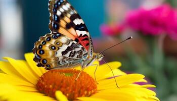 Vibrant butterfly pollinates single flower in tranquil meadow scene generated by AI photo