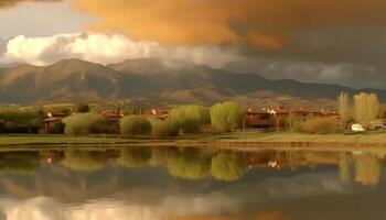 tranquilo escena de montaña rango reflejado en agua a oscuridad generado por ai foto