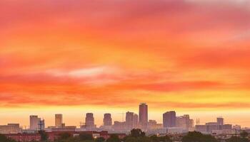 vibrante ciudad horizonte iluminado por dramático puesta de sol terminado moderno rascacielos generado por ai foto