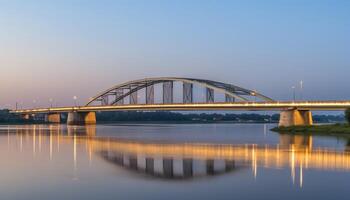 Tranquil cityscape at dusk, illuminated by blue lighting equipment generated by AI photo