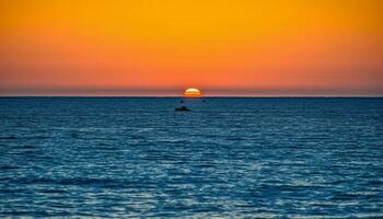 Tranquil sunset over water, nautical vessel silhouette, reflection and beauty generated by AI photo