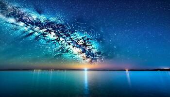 Blue waves reflect the Milky Way in a deep night sky generated by AI photo