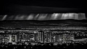 Dramatic skyline illuminated by lightning in black and white monochrome generated by AI photo
