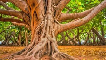 Ancient banyan tree intertwines with nature beauty in tropical rainforest generated by AI photo