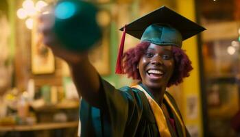 joven africano americano mujer celebra éxito en graduación ceremonia al aire libre generado por ai foto