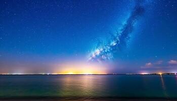 Milky Way illuminates dark star field in majestic panoramic landscape generated by AI photo