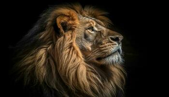 majestuoso leona, cerca arriba retrato, curioso con agresión a cámara generado por ai foto