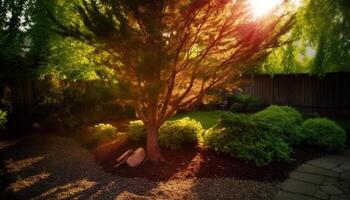 tranquilo otoño prado, iluminado por el sol árbol, sereno belleza en naturaleza generado por ai foto