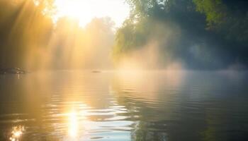 Tranquil autumn forest reflects multi colored sky in peaceful water surface generated by AI photo