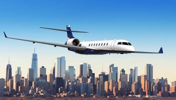 Flying commercial airplane over urban skyline, propeller taking off mid air generated by AI photo