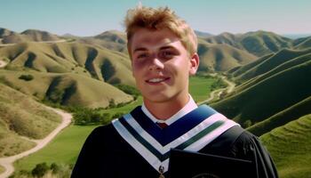 Smiling Caucasian athlete standing in green meadow with mountain range generated by AI photo