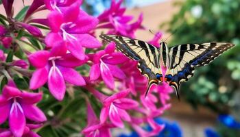 Vibrant butterfly pollinates purple flower in close up nature shot generated by AI photo