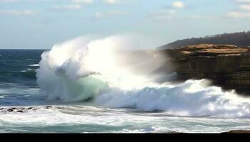 Majestic coastline, rough waves crashing, spraying water, beauty in nature generated by AI photo