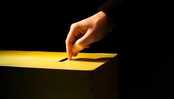 Unrecognizable person holding mystery package in black background studio shot generated by AI photo