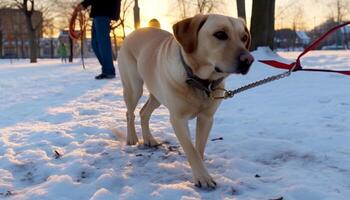 Smiling purebred retriever walking in winter snow, playful and joyful generated by AI photo