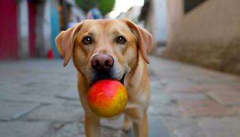Cute puppy playing with ball, hungry labrador chewing grass generated by AI photo